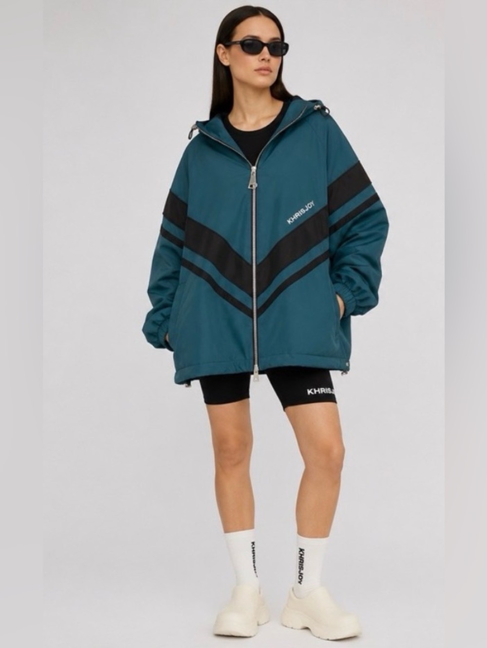 KHRISJOY Teal Petrol Black Oversized Windbreaker Hood Jacket Size L / 02 NWT